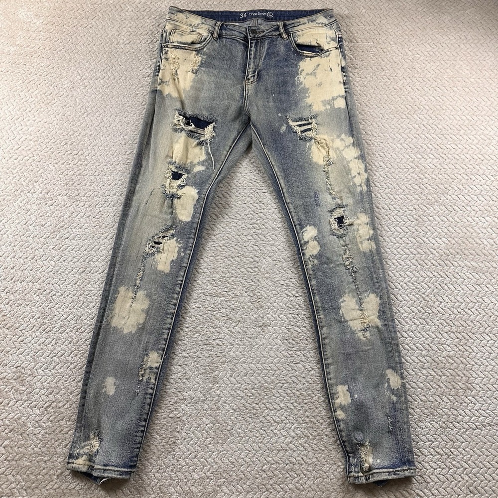 Crysp Denim Mens Jeans 34x34 Distressed Bleach Splatter Graffiti Moto Style Rock